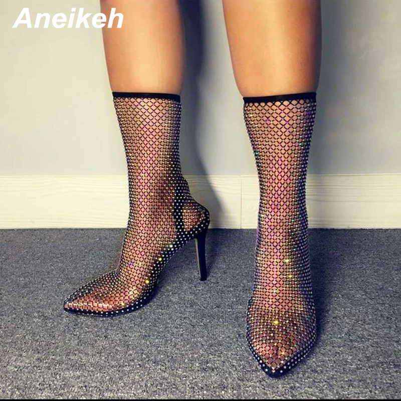 Aneikeh Summer Bling Bling Rhinestone Mesh Pointed toe Sandals Ankle Boots Stiletto High Heels Female Crystal Mesh Shoes Sandals