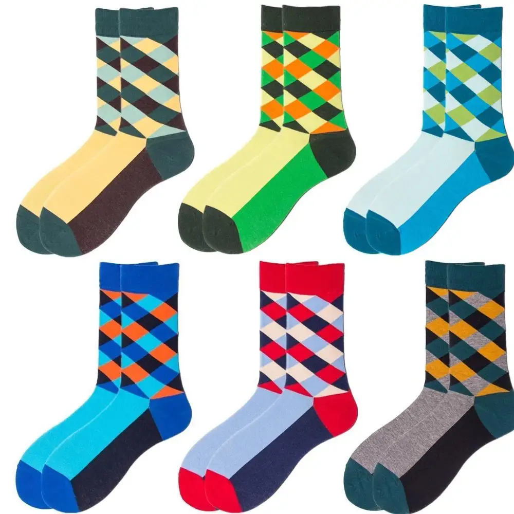 DOIAESKV Men's Cotton Happy Socks Fashion Colorful Multi Pattern Rhombic Lattice Male Streetwear Cozy Funny Socks Novelty