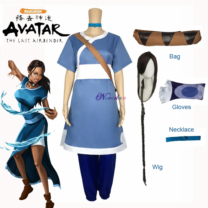 Katara Cosplay Costume Anime Avatar the last Airbender Cosplay Costume Full Set Necklace+Bag+Wig