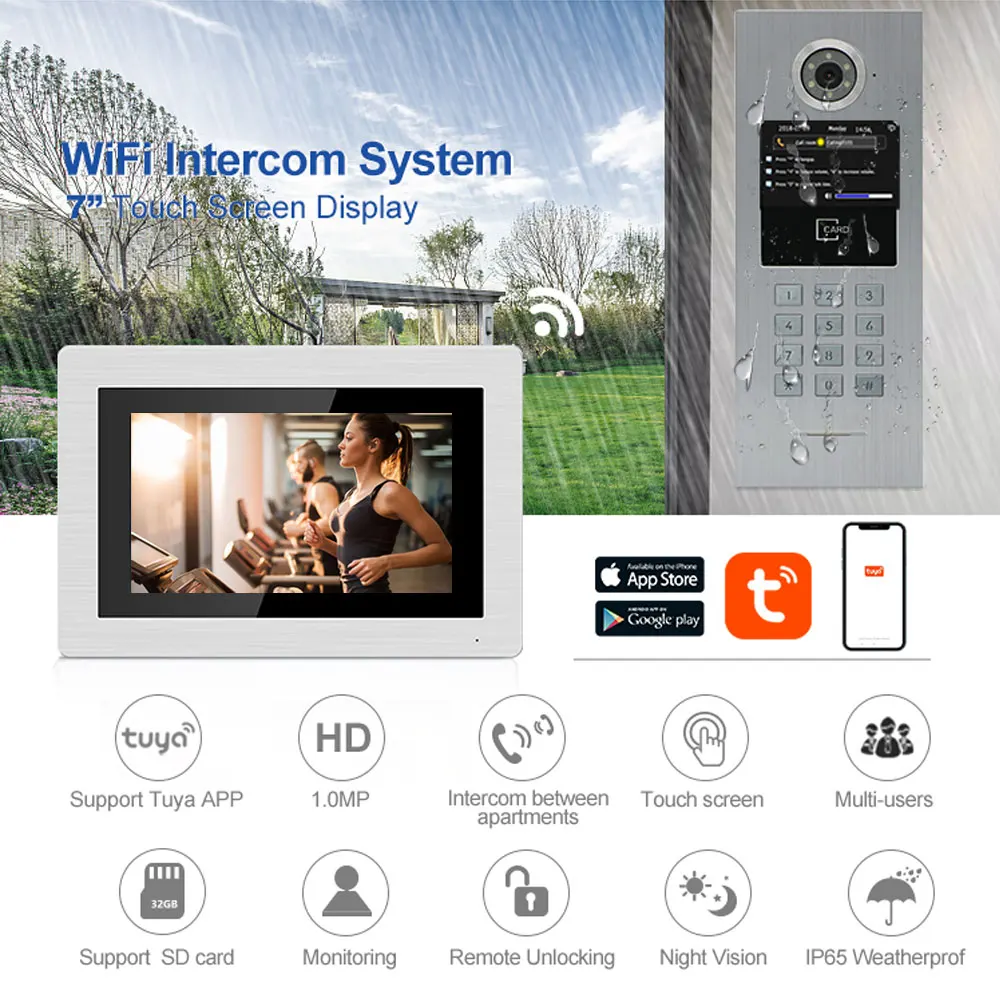 Tuya Smart 7 Inch WIFI POE IP Video Intercom System Motion Detection With Outdoor Passwork Keypad / RFID Card Doorbell Camera