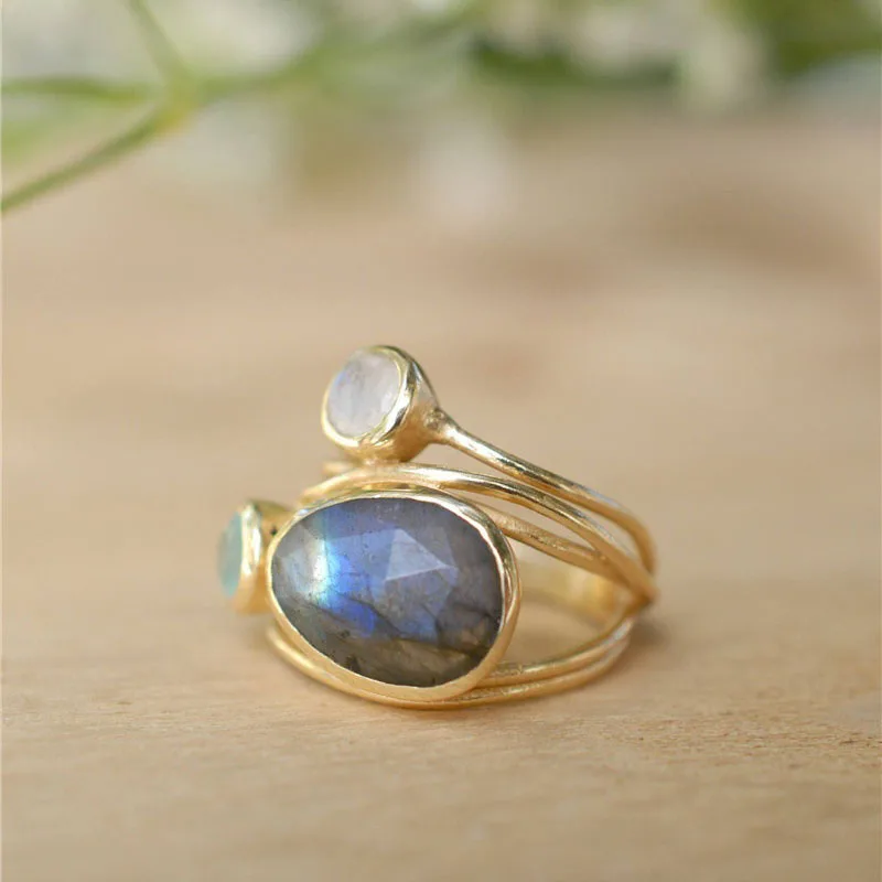 Delicate Multi-layers Cross Moonstone Rings for Women Boho Gold Color Round Opal Resin Simulated Shell Rings