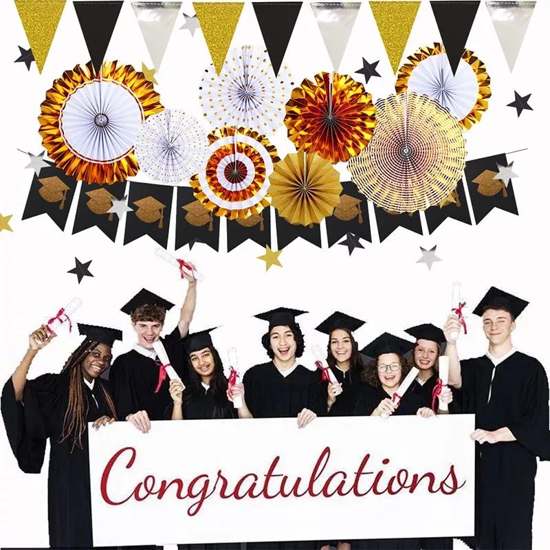 Graduation New Year Party Supplies Black Gold Silver Paper Cap Banner Hanging Paper Fan Flower Balloon Grad Party DIY Decoration