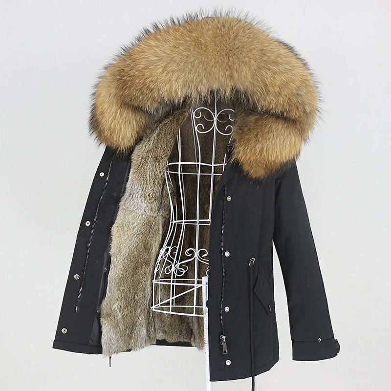 MENINA BONITA 2022 Short Waterproof Parka Real Rabbit Fur Coat Natural Fox Raccoon Fur Collar Hood Winter Jacket Women Removable