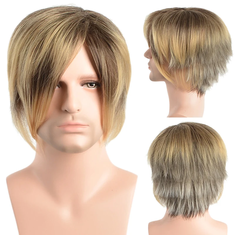 Men Brown Synthetic Wig Ombre Golden Short Wig for Men\'s Daily Cosplay Hair Realistic Natural Wigs Heat Resistant Breathable