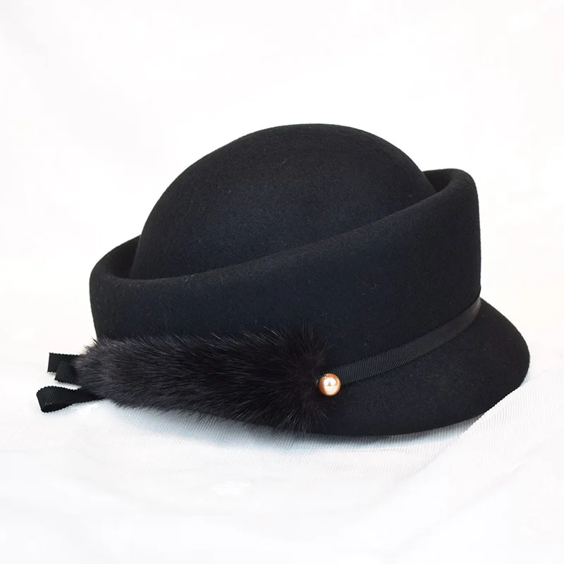 High-end temperament true mink tail dome short eaves basin hat women autumn and winter party hat Beret fashion street photo hat