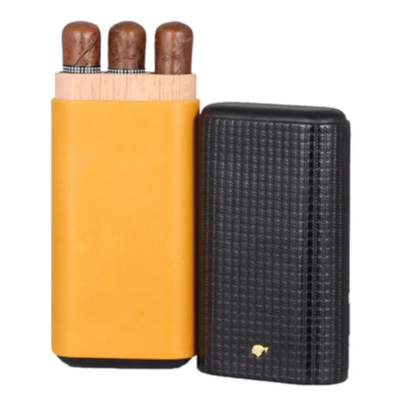 NEW COHIBA Black Leather Cigar Case Cedar Wood Tube Holder Portable Travel Cigar Humidor Box Holds 3 Cigars WIth Gift box