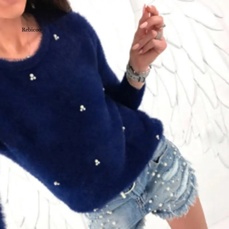 

Sweater Women Fashion Faux Pearl Beading Solid Color Plush Long Sleeve Pullover Warm Sweater Femme Autumn Winter