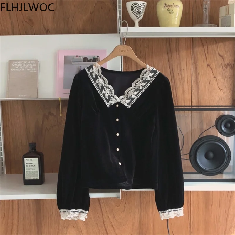 French Style Outerwear Chic Fashion Women Long Sleeve Patchwork Hollow Out White Lace Outside Velvet Short Tops Button Shirts