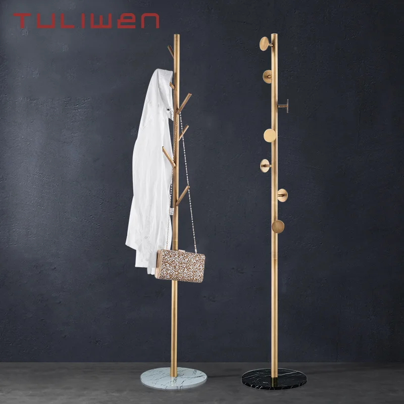 Antique Brass Coat Rack Free Standing  8 Hooks Tree Clothes Rack Marble Base Stand for Coats Hats Scarves Clothes