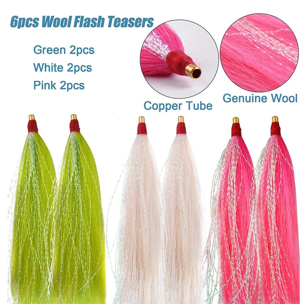 12PCS Bucktail Teaser Jig Fishing Lures Slip Flash line Skirt Bait Rigs Fishing Hooks Teaser bait Kit DIY lure Fishing Tackle