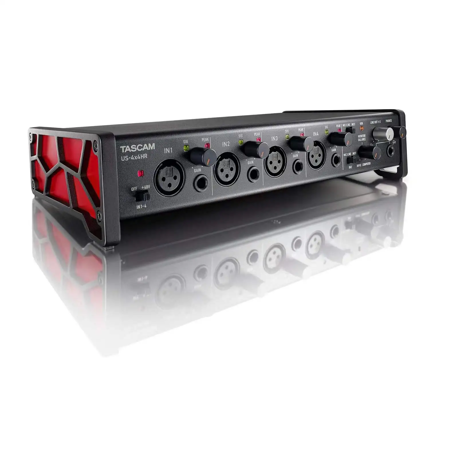 Tascam us-4x4HR Professional USB audio/MIDI interface with 4 mic/line inputs and a USB-C port for multi-track recording