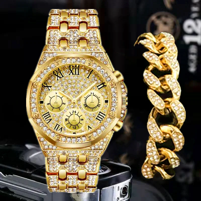 Hip Hop zegarek dla mężczyzn Iced Out betonowa cyrkonie 1 zestaw 3 sztuk 12MM pełna Miami Curb kubański łańcuch CZ Bling raper naszyjniki dla