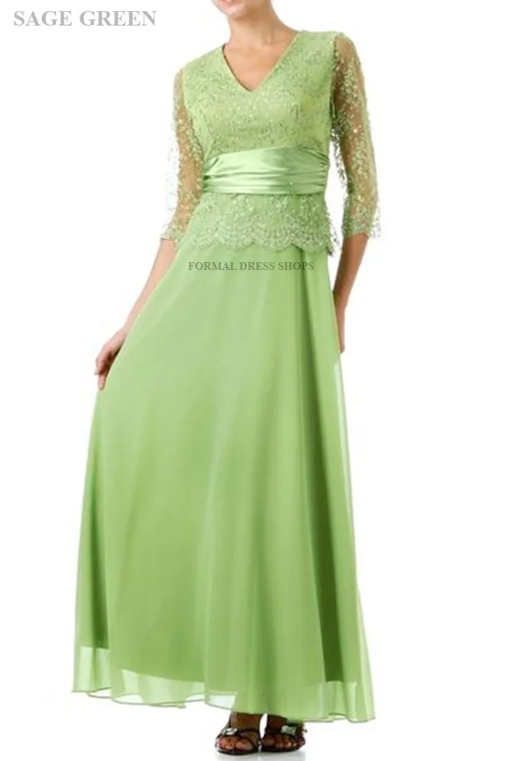 

free shipping vestido de madrinha 2016 new hot v-neck green chiffon lace Mother of the Bride Dresses with three quarter sleeve