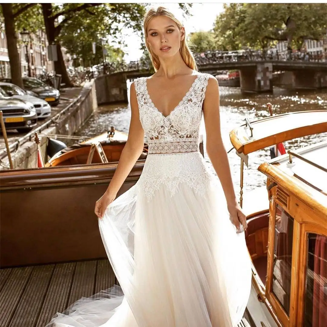 

Beach Wedding Dresses A-line Deep V-neck Tulle Lace Boho Backless Dubai Arabic Wedding Gown Bridal Dress Vestido De Noiva