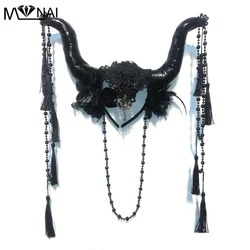 Lolita Ox Horns Headbands Faux Leather Soft Horns Headdress Handmade Beads Chain Tassel Hair Hoop Masquerade