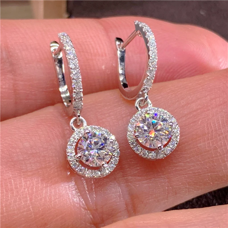 Custom Solid 14K White Gold Women Drop Clip Hoop Earrings U Moissanite Diamonds 1 2 4 6 Ct Round Wedding Engagement Anniversary