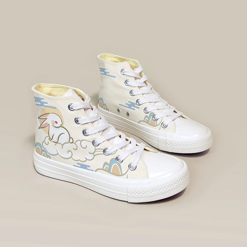 Amy and Michael 2012 Autumn Original Design High Top Hand Painted Lovely Bunny Canvas Shoes Girls Students Woman Vulcanize Shoes