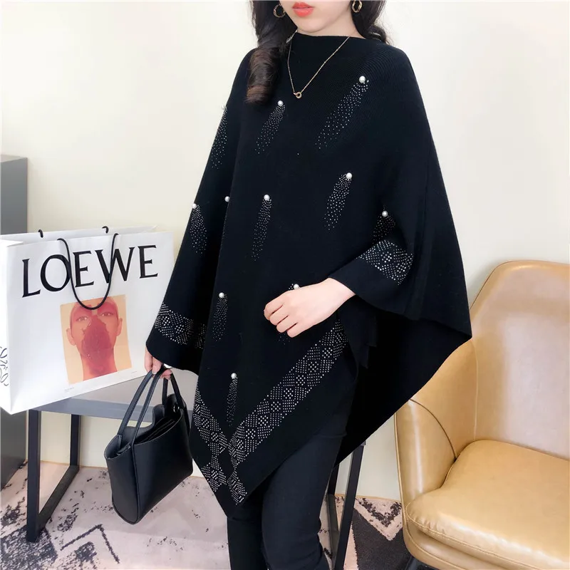 Wholesale Crochet Women Sweater Tassel Scarf Shawl Pearl Embroidery Knit Cashmere Pullover Capes Wool Pashmina Poncho Cloaks