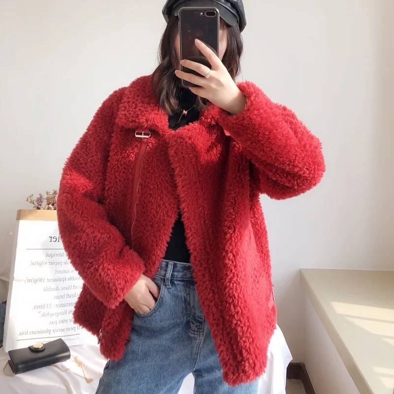 Winter Lamb Wool Coat College Wool Granule Sheep Shearing Fleece Motorcycle Jacket Women\'s Short Zipper Warm Coats Green Red