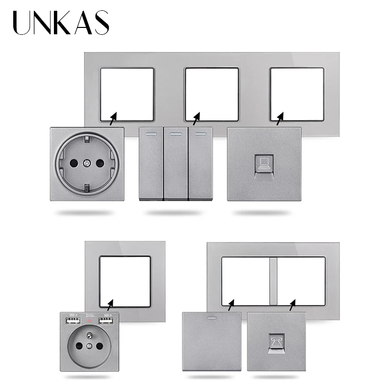 UNKAS pannello in vetro grigio combinazione gratuita fai-da-te presa ue francese tipo C Dual USB 1 2 3 4 Gang interruttore a pulsante On / Off a 1/2 vie