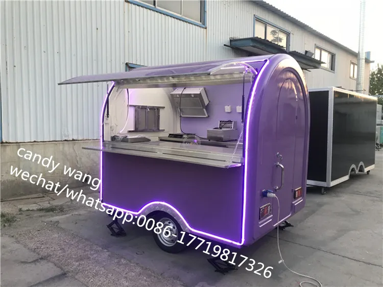 Purple new design food trailer push cart fast food truck with light /two tanks and 2 big wheels