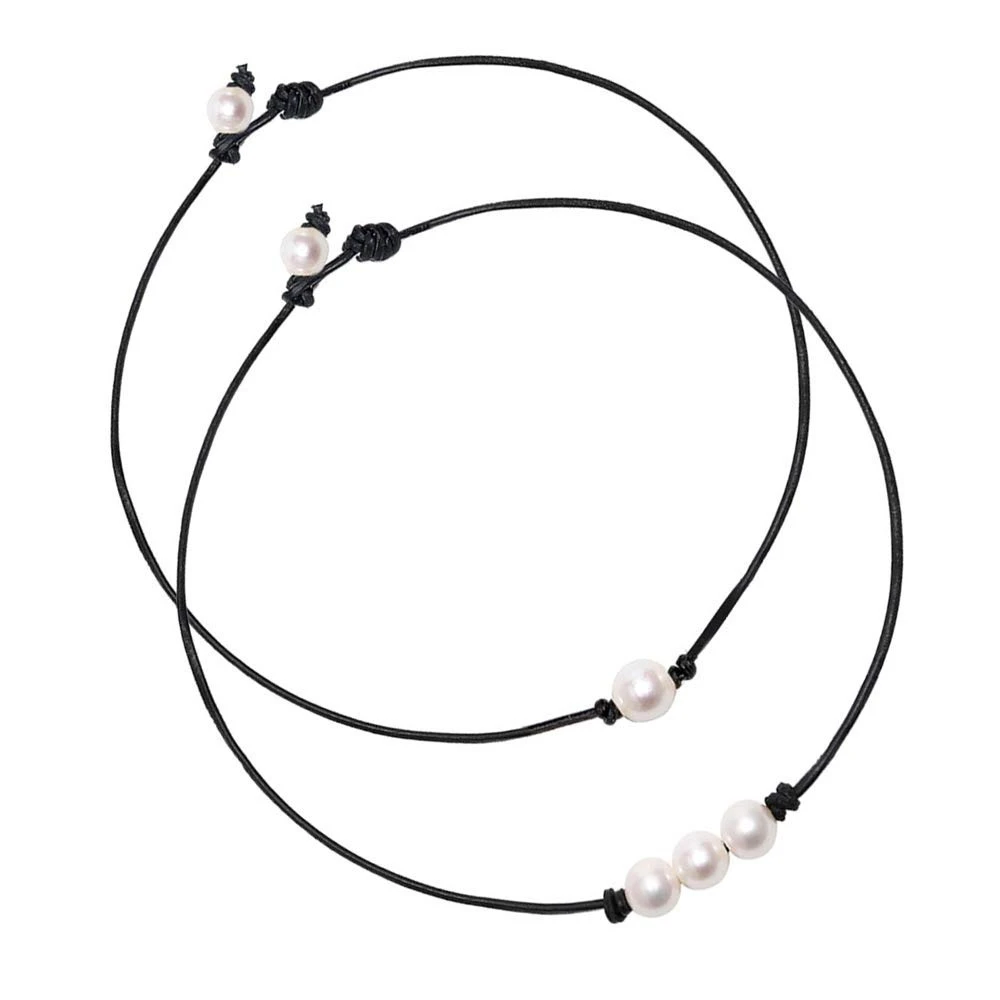 New Women Black Leather Cord Three Pearl Pendant Knot Choker Necklace Jewelry Cord Knotted Necklaces Handmade Jewelry