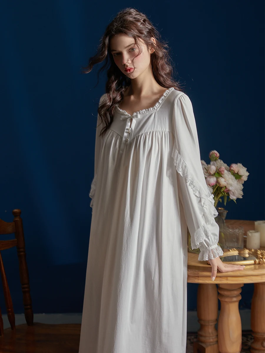 Hanxiuju Vintage Long Nightshirts For Women Royal Princess Delicate Lace Sleeve Loose Solid Color Sweet Sleepwear Home Wear