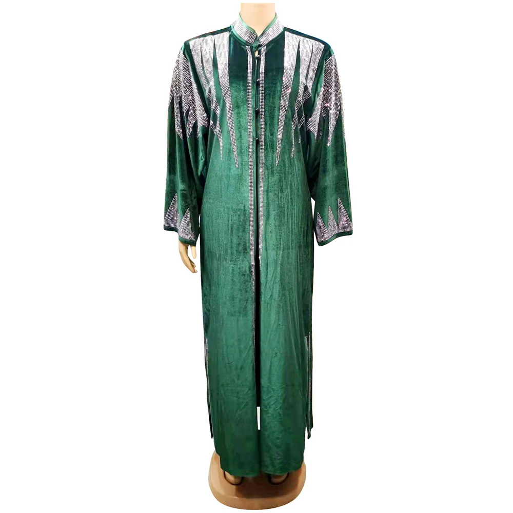 Muslim Kaftan Abaya Dress Women Stand Neck Diamonds Button Pleuche Coat Dress Elegant African Boubou without Lining