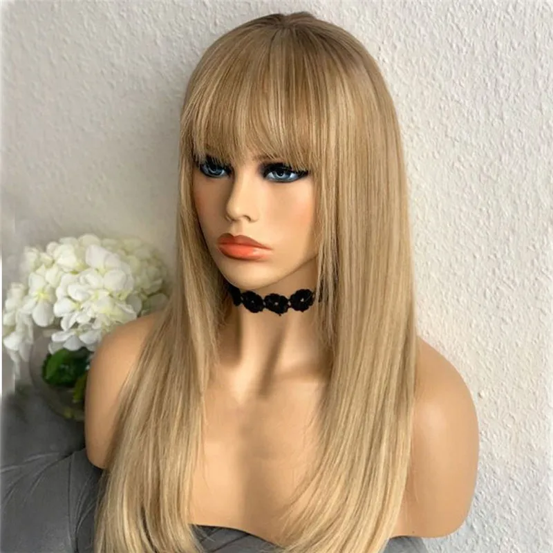 

Honey Blonde Human Hair Wigs with Bangs Remy Hair Lace Front Wigs Golden Straight Hair Wig for Women Transparent Lace