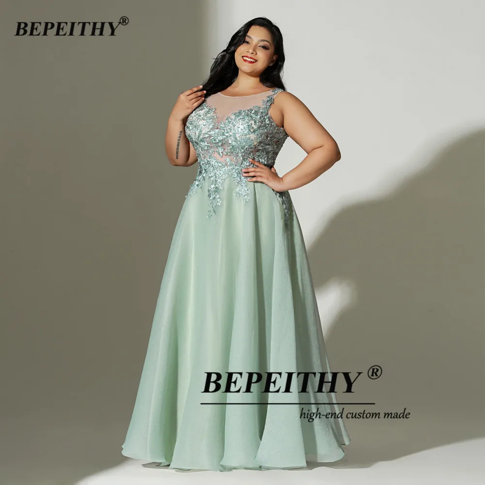 BEPEITHY, vestidos de noche largos personalizados, fiesta elegante para mujeres curvadas, sin mangas, encaje hasta el suelo, vestido de graduación verde de talla grande