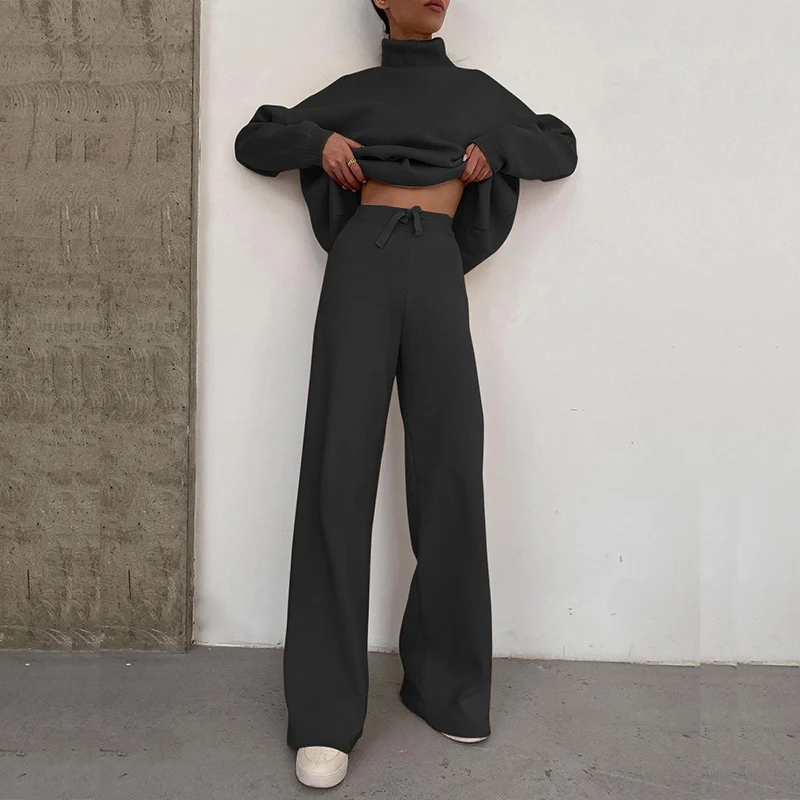 Elegant Fashion Fleece Outfit Women 2021 Autumn Winter Turtleneck Tops And Wide Leg Pants Suits Casual Solid Two Piece Set Femme