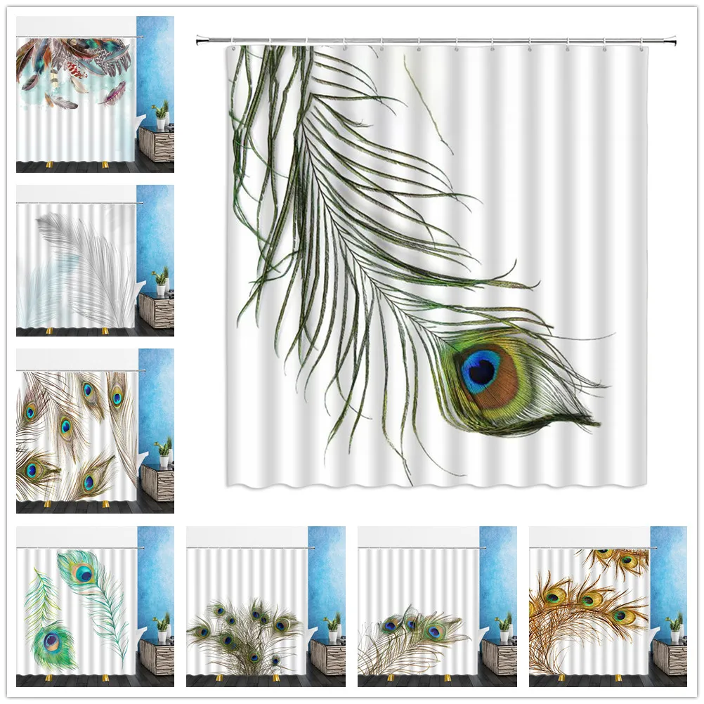 Feather Shower Curtains Colorful Peacocks Tail Bird Hair 3D Print Bathroom Home Decor Waterproof Polyester Cloth Curtain Set