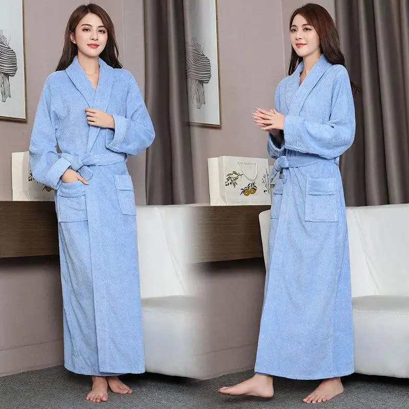 100% Cotton Toweling Terry Extra long Extra thick Robe blue Bath Robe Women Nightrobe Sleepwear Casual Home Bathrobe халат