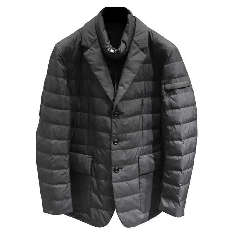 Mens Casual Slim Fake Two Double Collar Diamond Lattice White Duck Down Jacket Single Breasted Zippers Pockets Suit Coat