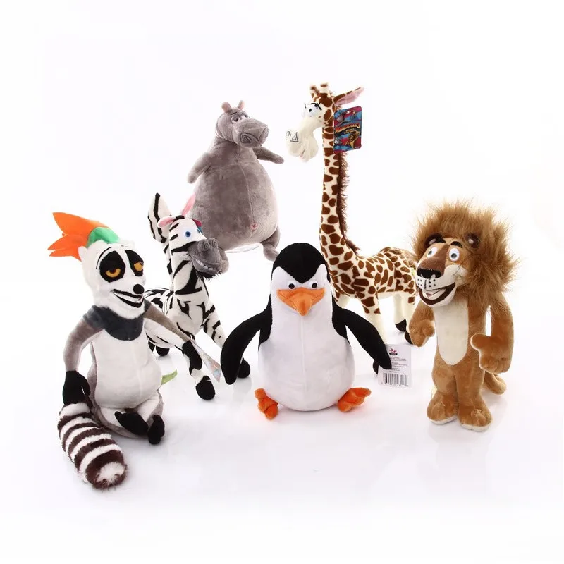 6 Styles Madagascar Plush Toys Madagascar Cartoon Figure Lion Giraffe Penguin Zebra Hippo Dolls Cute Gift Toys for Children Kids