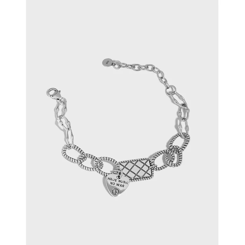 

Retro Hip Hop 925 Sterling silver lattice Square Tag &Peace sign on Heart students Twist Oval Chain Bracelet Wrist C-SLB006