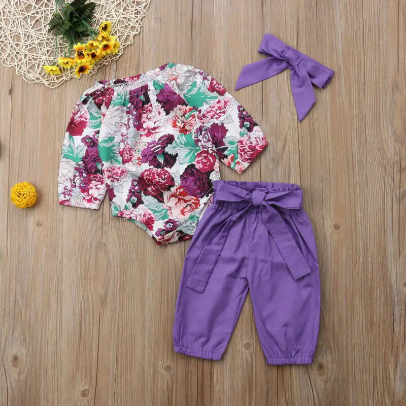 0-24M Newborn Baby Girls Long Sleeve Flower Print Romper Solid Color Pants Bow Hairband 3PCS Outfits Summer Girls Clothes Set