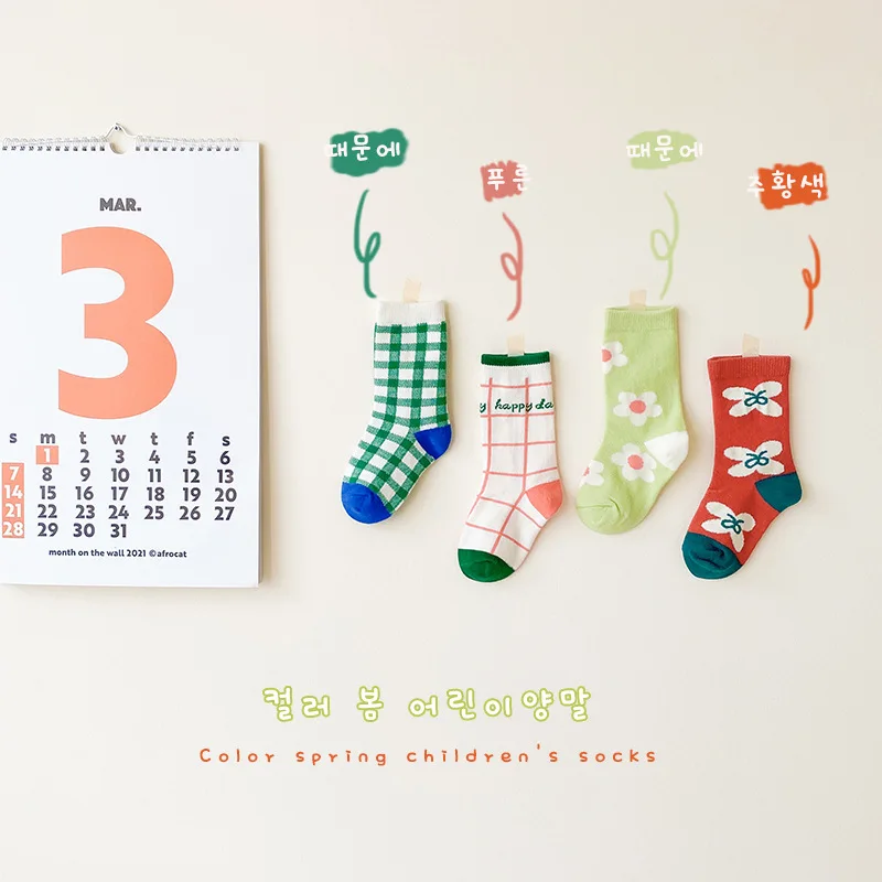 2021 Spring Autumn 4Pairs Baby Socks Korean Cartoon Plaid Flower Tube Socks Boys Girls Cotton Socks for 1-8Years Kids