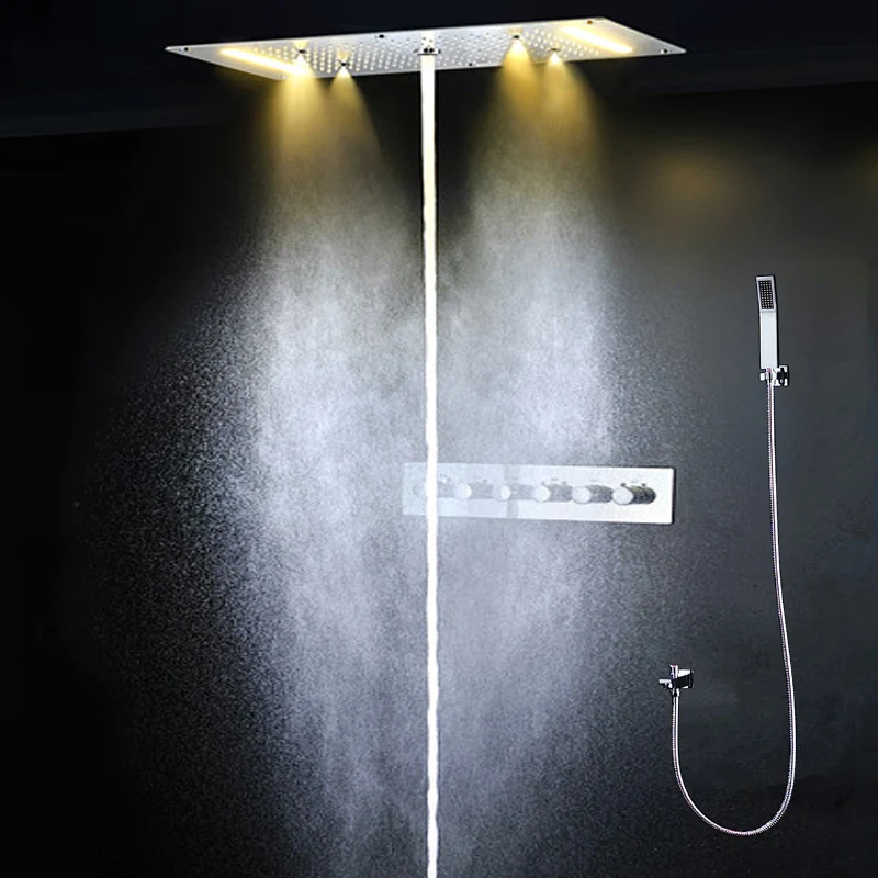 Bathroom Ceiling LED Shower Set Mist Spray Rainfall Waterfall ShowerHead Panel Thermostatic Mixer Faucets 380x700mm