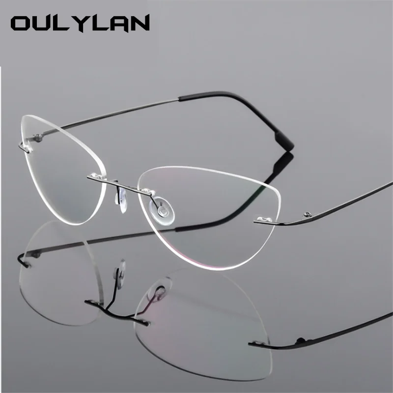 Oulylan Rimless Cat Eye Titanium Alloy Glasses Frame Men Ultralight    Eyeglasses Women Frameless Eyewear Optical Myopia Frame