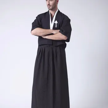 빈티지 블랙 일본 남자 전사 기모노 오비와 함께 전통 유카타 사무라이 의류 컨벤션 의상 코스프레 