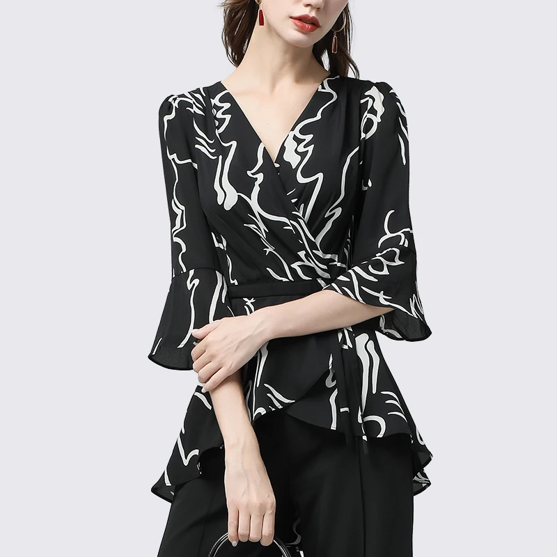 موضة الأسود المشارب طباعة ذيل طويل المرأة قمصان سهرة أنيقة ضئيلة سبعة كم بلوزات على شكل حرف v مع حزام مكتب بلوزة عادية #2