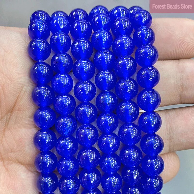 Gładki kamień naturalny Ciemnoniebieski Chalcedon Jadeit Okrągłe koraliki do tworzenia biżuterii DIY Bransoletka Naszyjnik 15 "Strang 4 6 8 10 12 14MM