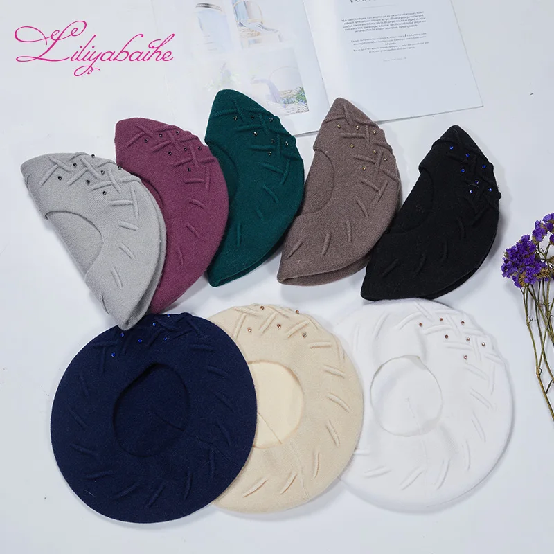 Liliyabaihe women winter hat Wool knit berets High-end diamonds of the same color decoration Popular folds fashion lady hat
