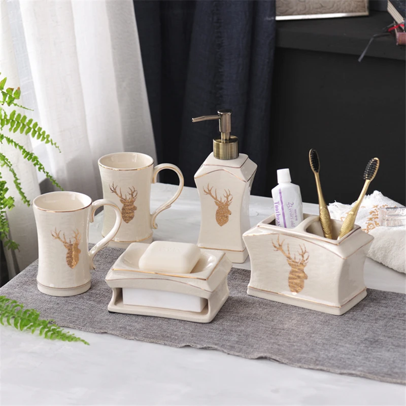 

5pcs Ceramic Bathroom Set European Style Bathroom Self Cleaning Set Soap Dispenser Toothbrush Holder Soap Dish Toothbrush Cup