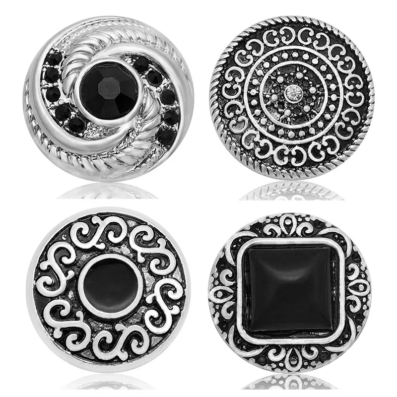 Fashion Black rhinestone Round patterns metal 18MM snap buttons fit DIY snap bracelet jewelry wholesale trendy