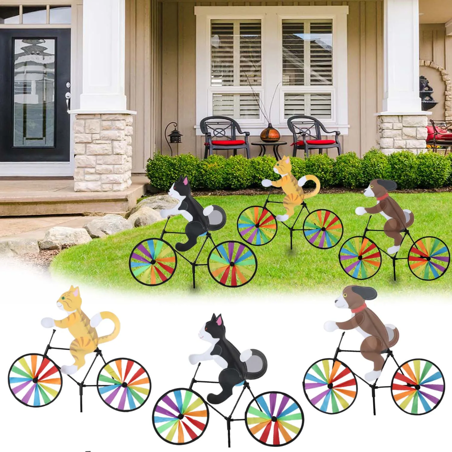 Rainbow Spinner Windmill Cat Dog Tiger On Bike DIY Bicycle Wind Spinner Whirligig Garden Lawn Decorative Gadgets Kids Toys