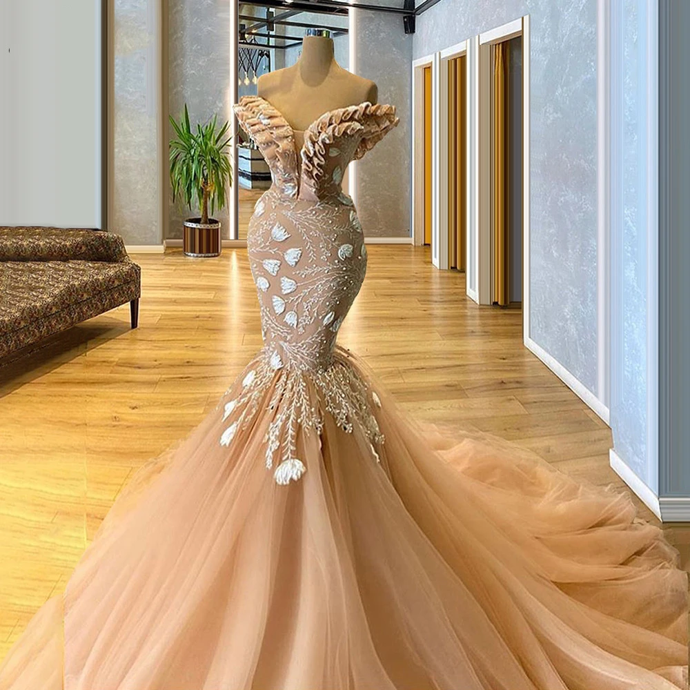 Fora do ombro vestidos de noite longo luxo 2023 para casamento sereia grânulo rendas champanhe elegent formal vestidos de baile celebridade