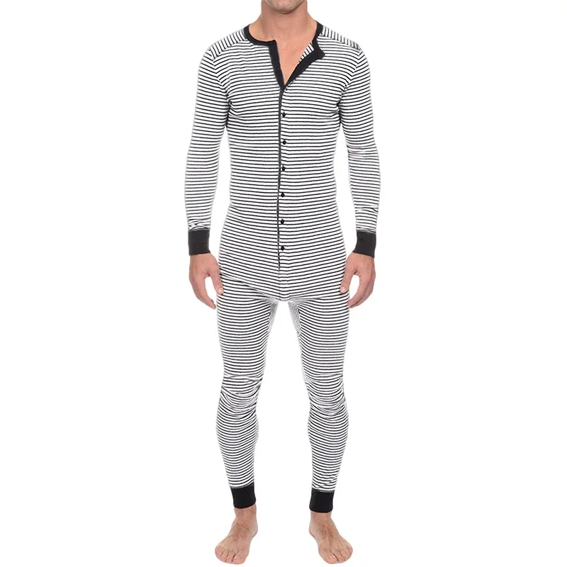 Pijama de manga comprida listrada masculina, pijamas confortáveis com botões, roupa caseira única, roupa íntima masculina, pijamas, macacão, 3XL