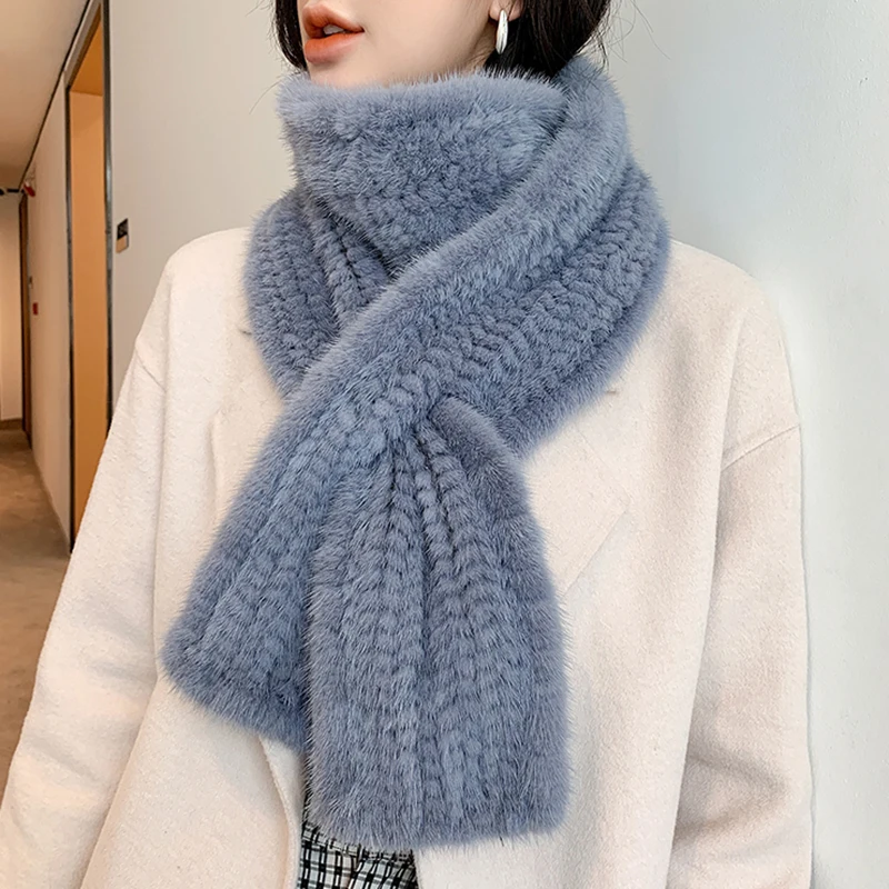 

New Real Mink Fur Knitted Women's Winter Warm Scarf Scarves Wraps Russia Neck Warmer Fashion Luxury Mufflers 170cm